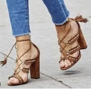 AQUAZZURA Italy Tulum Studded Cognac Suede Block Heel SANDALS 7 1/2 US Excellent